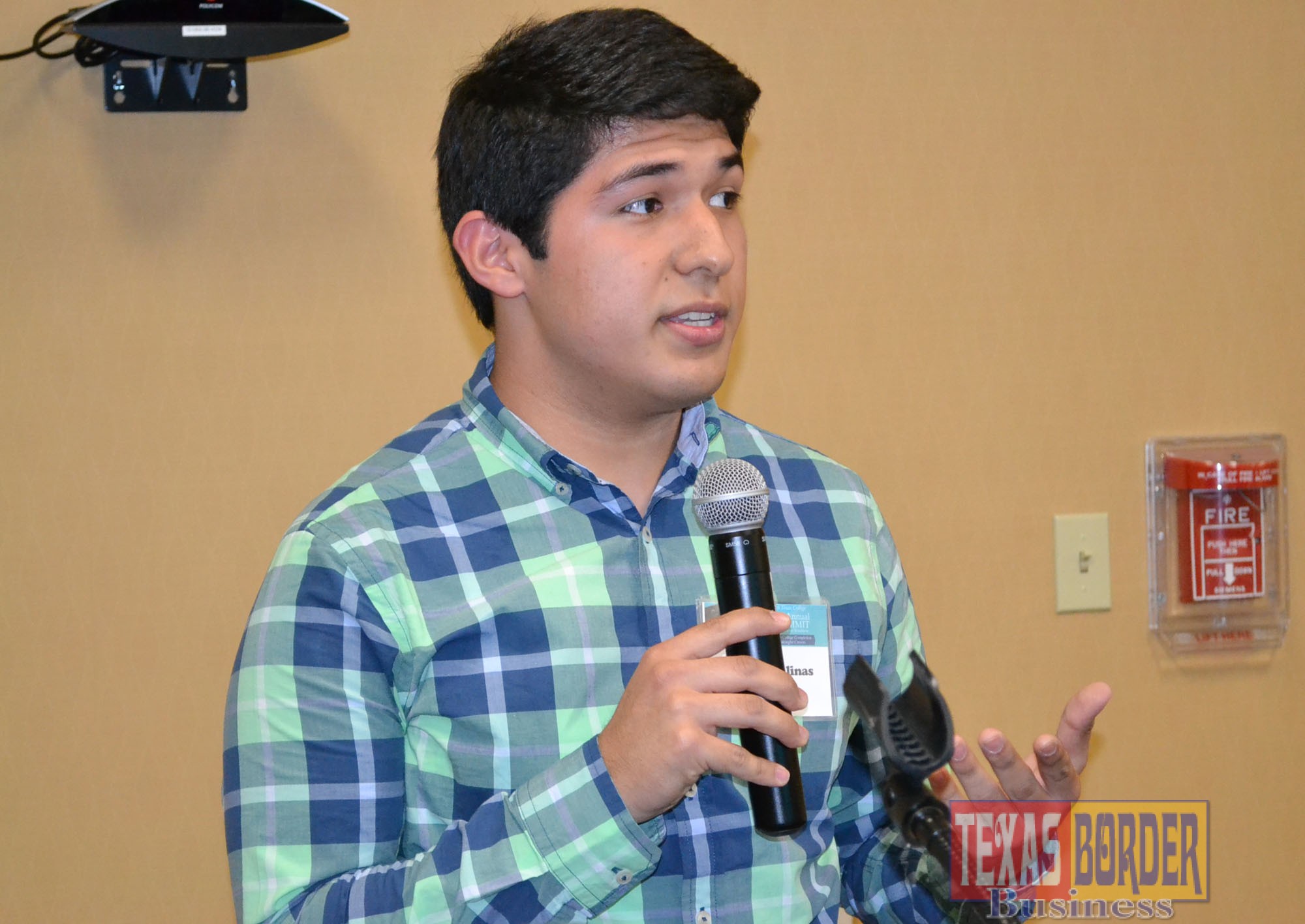 Donna High School and South Texas College Dual Enrollment Computer Science Academy student Michael Salinas speaks during the 10th Annual Summit on College and Career Readiness on Feb. 23, 2015 at Region One in Edinburg.