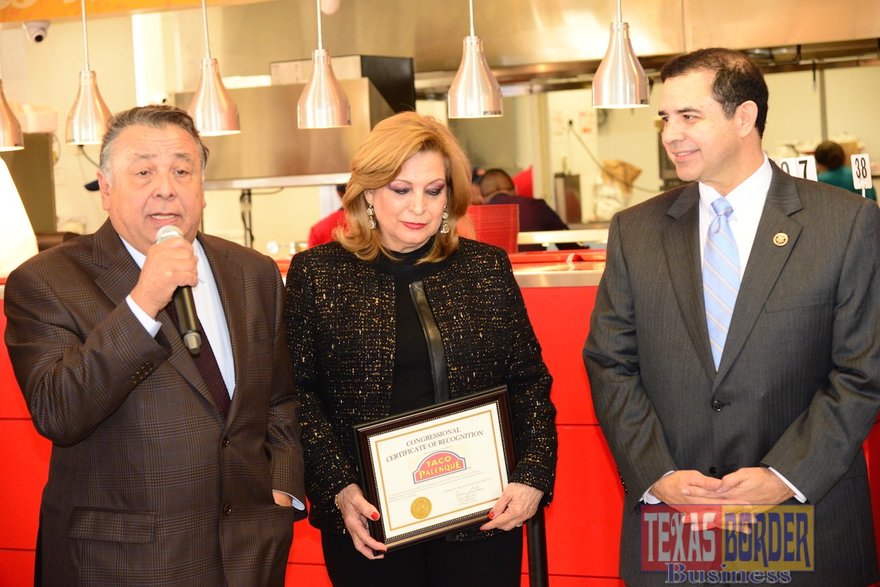 Pictured above from L-R: Francisco “Pancho” Ochoa with Flérida Ochoa as he thanks the Weslaco Chamber during the Taco Palenque ribbon cutting ceremony. Congressman Henry Cuellar was also present; he delivered a Congressional Certificate of Recognition to Taco Palenque.