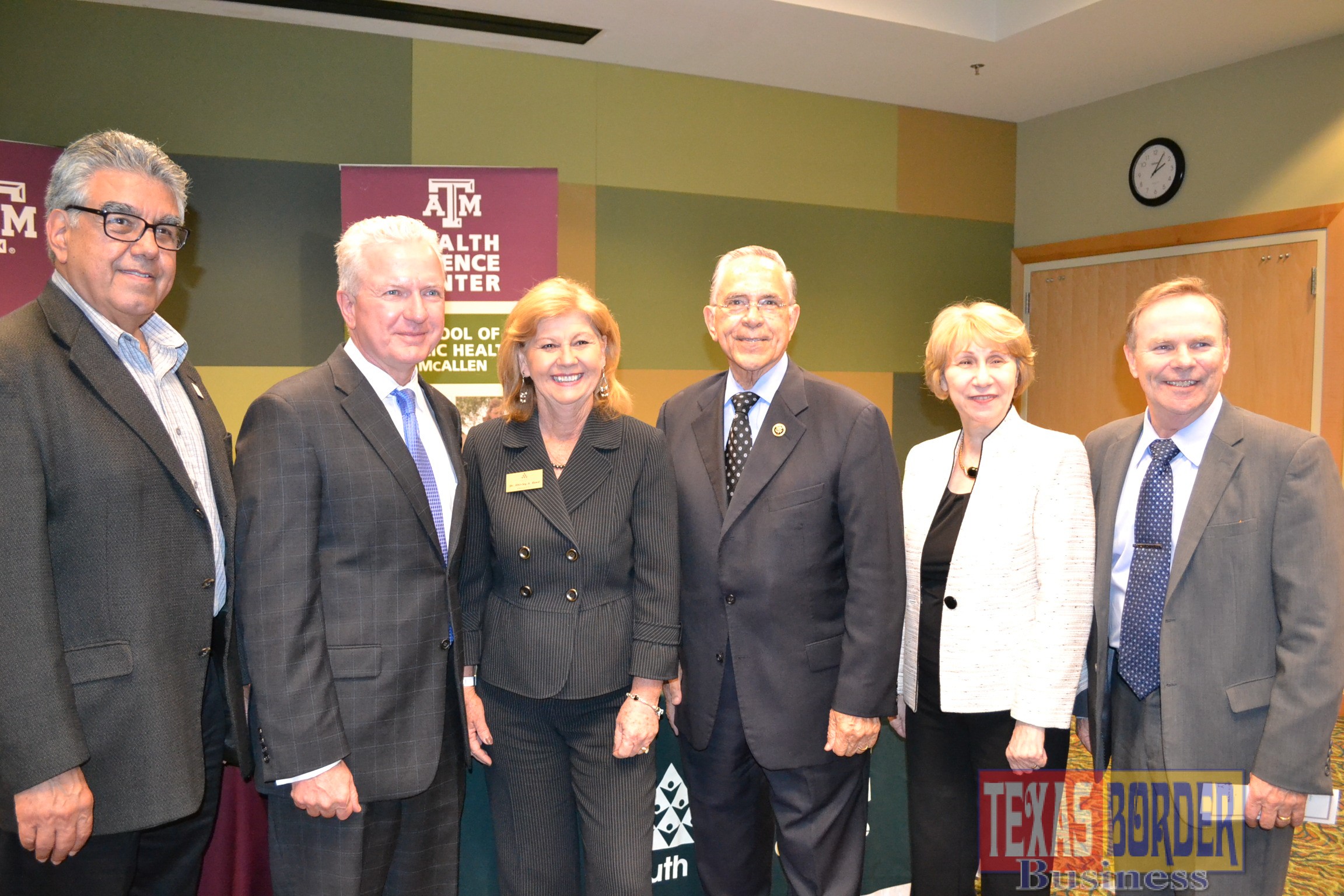 From left, South Texas College Administrator for High School Programs and Services Nicolas Gonzalez, Texas A&M Health Science Center CEO Dr. Brett Giroir, STC President Dr. Shirley A. Reed, Congressman Ruben Hinojosa, STC Vice President for Academic Affairs Dr. Anahid Petrosian and City of McAllen Mayor Jim Darling.