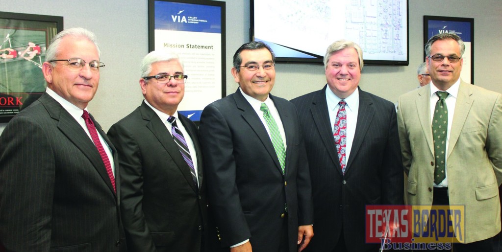 Guests at a press conference Thursday, April 30, 2015, formally announcing the quality certification for the Harlingen Aerotropolis include from the left: AEP Texas Manager of Economic Development Ray Covey, Harlingen Economic Development Corporation CEO Raudel Garza, AEP Texas Manager of Community Affairs Frank Espinoza, Harlingen Mayor Chris Boswell, and Director Marv Esterly, Valley International Airport. Esterly said that the designation by McCallum Sweeney Consulting for the 480-acre site east of VIA will give Harlingen and the Rio Grande Valley a competitive edge in recruiting several types of major businesses.