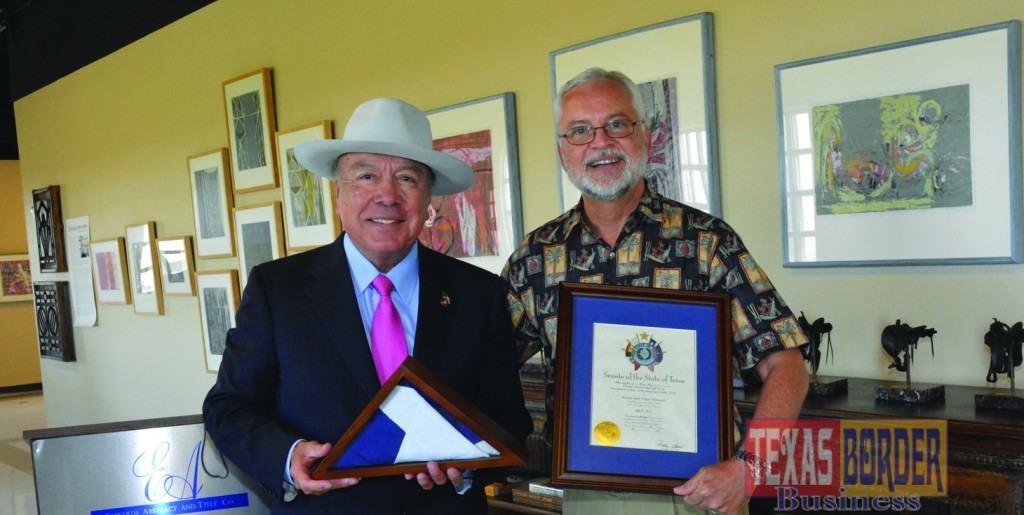 Senator Hinojosa also presented a certificate commemorating the 135th Anniversary of Edwards Abstract and Title Co. and Byron Jay Lewis, Chairman of the Board and C.E.O. accepted the commemorative gifts on behalf of the Edwards Team. Photo by Roberto Hugo Gonzalez