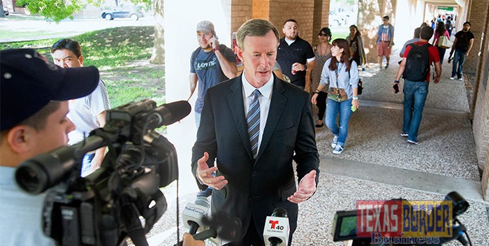 As University of Texas Rio Grande Valley #FirstClass students streamed past on the Edinburg Campus Monday morning, UT System Chancellor William McRaven talked with the media after a moving flag-raising ceremony to celebrate the official opening and first day of classes.