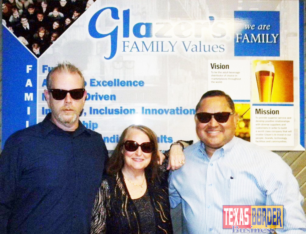From L-R: Matt Bowling, left, and Jose Trevino with Glazer's announce their sponsorship of McAllen Blues Night. In the center is McAllen Chamber of Commerce's  Nancy Millar.