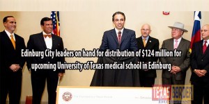 Rep. Terry Canales, D-Edinburg, helps celebrate the distribution of almost $200 million for higher education in the Valley from the University of Texas System, including $124 million that will be used for the first major phase of a UT medical school in Edinburg. Featured back row L-R: Regent Ernest Aliseda of McAllen, a member of the UT System Board of Regents; Sen. Eddie Lucio, Jr., D-Brownsville; Rep. Terry Canales, D-Edinburg; Dr. Robert S. Nelsen, President, UT-Pan American; Sen. Juan “Chuy” Hinojosa, D-McAllen; and Rep. Robert “Bobby” Guerra, D-McAllen.  Photograph by JOSUE ESPARZA 