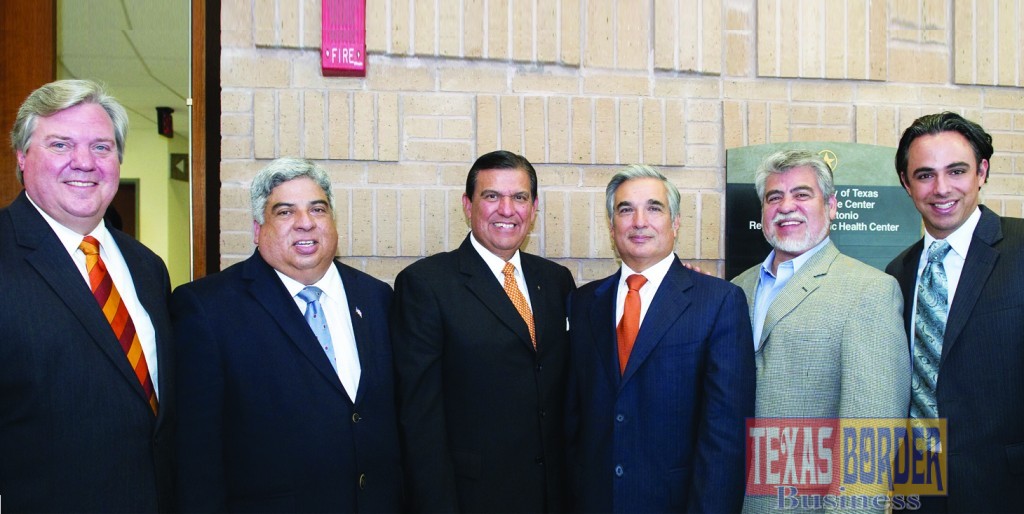Francisco G. Cigarroa, M.D., Chancellor of the University of Texas System (featured third from right) on Friday, August 17, was welcomed at the UT Regional Academic Health Center in Edinburg by UT, Edinburg and state leaders. Featured, from L-R: Harlingen Mayor Chris Boswell; retiring Rep. Aaron Peña, Jr., R-Edinburg; Sen. Eddie Lucio, Jr., D-Brownsville; Chancellor Cigarroa; Mayor García; and Rep.-elect Canales. Photograph by Josue Esparza