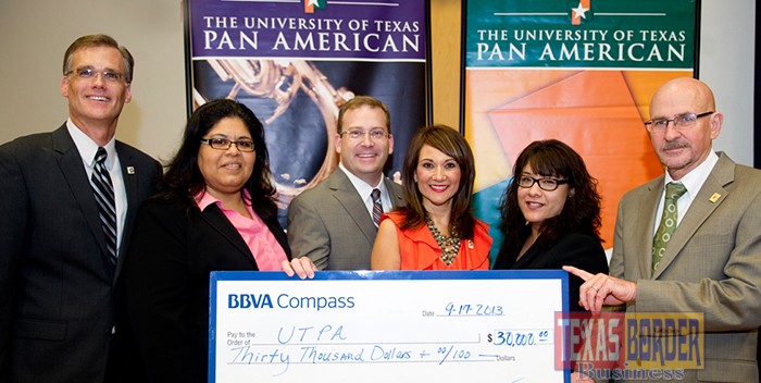 UTPA and the BBVA Foundation have partnered to offer a number of free training workshops and a conference to help small business owners sharpen their skills in running a successful business operation. Pictured at a check presentation from BBVA to UTPA to support the expert training for local business owners are left to right Martin Baylor, UTPA vice president for Business Affairs; Maria D. Juarez-Serna, UTPA SBDC director; Robert McDaniel, city president, BBVA Compass - McAllen; Veronica Gonzales, UTPA vice president for University Advancement; Melissa Diaz, vice president, BBVA Compass - McAllen; and Robert S. Nelsen, UTPA President.