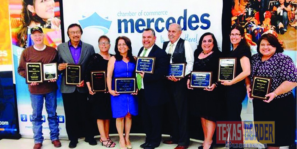 Mercedes Chamber of Commerce Award Recipients are pictured from Left to Right:  Sam Magee, Presidents Award and Rio Grande Valley Livestock Show & Rodeo-Business of the Year; Gilberto Perez, Contribution to the Arts; Olga Maldonado, Civic Leadership Award; Irma Agüeros, Woman of the Year; Dr. Daniel Trevino, Man of the Year; Lauro Saldana, Lifetime Service Award; Eva Ruelas, Lifetime Service Award; Rachel Lovestand- Audagnotti, Leader in Education and Ester Medrano, Director of the Year. 
