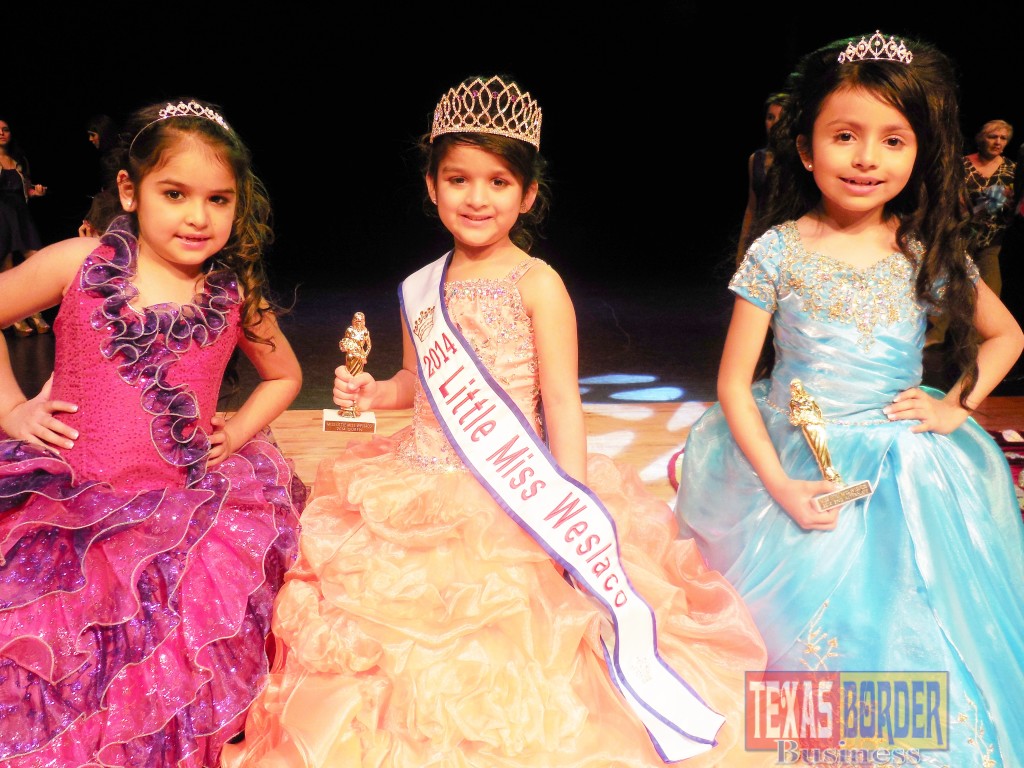 The First Annual Little Miss Weslaco division was also held that night.  Pictured L-R: 1st Runner-up Lexi Salinas, Little Miss Weslaco Trinity Solis and 2nd Runner-up Joline Rodriguez.