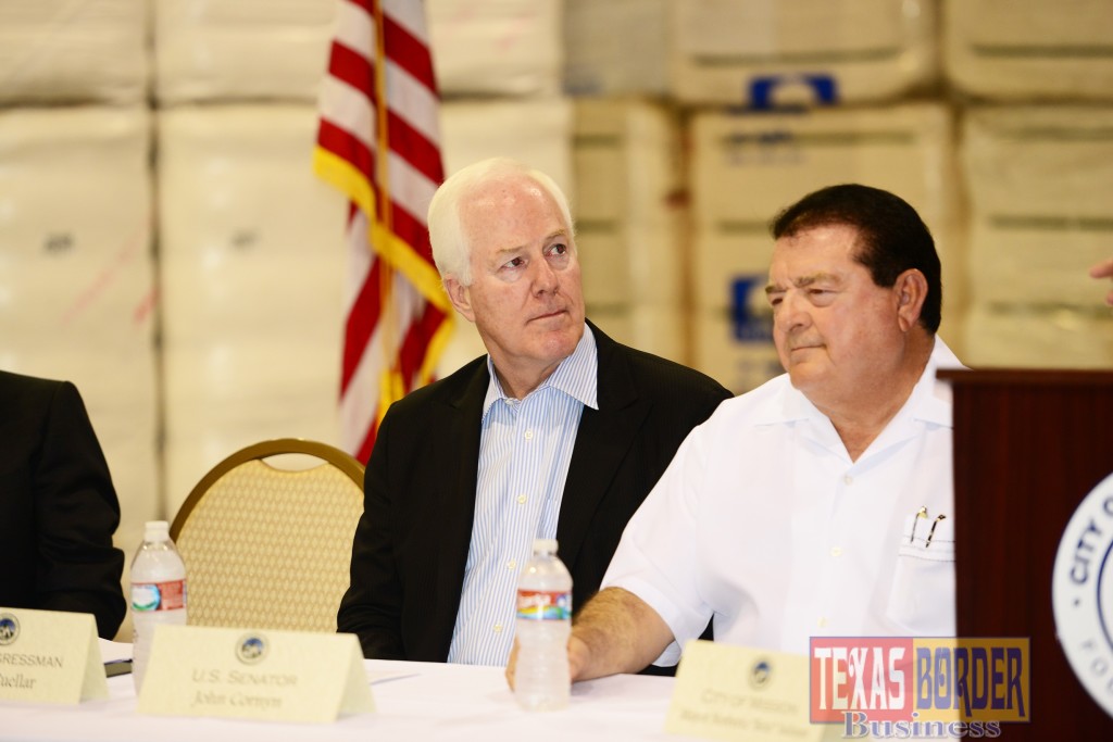 U.S. Sen. John Cornyn, (R-TX), ranking member of the Judiciary Committee’s Immigration, Refugees and Border Security subcommittee and Mayor Beto Salinas during an event to ensure a smart border strategy. The roundtable took place at CiL warehouse in Mission, Texas.