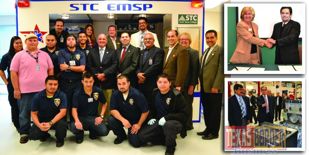 1- Picture on the left: A delegation from McAllen's sister of Irapuato, Mexico visited South Texas College's Nursing and Allied Health Campus on March 6. The delegation posed with a group of Emergency Medical Technology students and the college's ambulance simulator. From top left, STC EMT Program Chair Dr. Roberto González Jr., McAllen Chamber of Commerce Community Development and Inter-American Relations Administrative Assistant Yajaira Villarreal, Executive President of the Irapuato Delegation Jesús Roberto Sánchez Mendiola, and Rotary Club of Irapuato Representative Javier Velázquez Zepeda. Middle row from left, STC Simulation Lab Specialist Rubén Torres, Irapuato Delegation member Javier Soni Martínez, McAllen Chamber of Commerce Vice President of Community Development and Inter-American Relations Luis Cantú, STC Dean of University Relations Dr. Ali Esmaeili, STC Dean of Business and Technology Mario Reyna, STC Dean of Nursing and Allied Health Melba Treviño, and Irapuato Delegation member José Luis Saldaña Villanueva. 2- Pictured on the top right: South Texas College President Dr. Shirley A. Reed and the President of the Instituto Internacional de Estudios Superiores of Reynosa, Rosendo Martínez signed a Memorandum of Understanding on Feb. 7 at STC’s Pecan Campus in McAllen. 3- Pictured on the bottom right: A delegation from the Instituto Tecnológico Superior de San Pedro de las Colonias of the Mexican state of Coahuila visited South Texas College on March 5 and toured the Technology Campus in McAllen. STC Dean of the Division of Business Technology Mario Reyna, right, talks to Universidad Tecnológica de Coahuila President Raúl Martínez Hernández about STC’s Diesel Technology Department.  