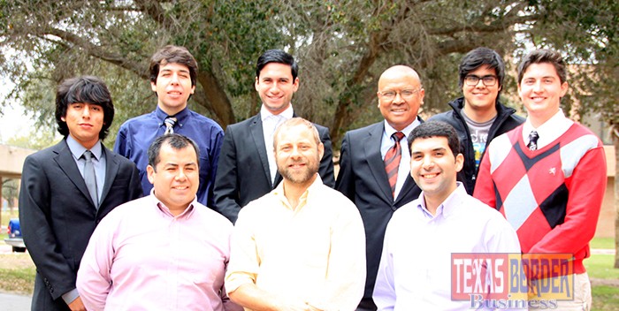Three UTPA student teams recently fared well in the 2014 CME Group Trading Challenge, an international futures trading competition for college students. Pictured front, left to right, are Cristhian Melladocid, Sergio Garcia, and Mohammad Nejad (all Graduate Student Team members). Pictured rear, left to right, are Erik Munoz, Raul Aldape, and Juan Rosales (all Rio Grande Valley Team members); Dr. Bruno R. Arthur, lecturer, Department of Economics and Finance; and Luis Basurto and Curt Muller (both UTPA Bronconomics Team members). Missing from the photo are UTPA Graduate Student Team members Kenny Ozuna and Hamidreza Sakaki; UTPA Bronconomics Team members Ramiro Flores, Christopher Villarreal and Luis Perez; and UTPA Rio Grande Valley Team members Gilberto Celedon, Juan Rosales and Armando Valero.