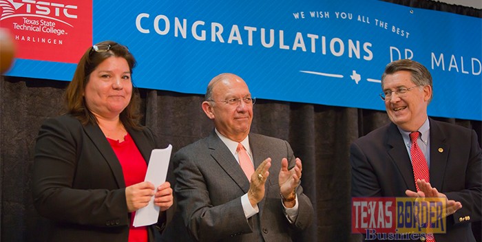 TSTC Faculty and Staff Town Hall Meeting and announcement of Acting President.  From left to right:  Dr. Stella Garcia, President Cesar Maldonado and Chancellor Mike Reeser.