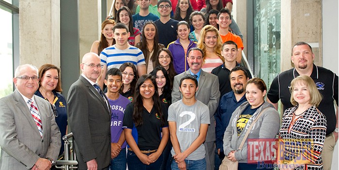 The CAMP at UTPA is funded to serve 70 students each year and draws most of the students from the four counties that comprise the Rio Grande Valley.  Nelsen (front, third from left) is pictured with the students as well as UTPA and ECISD migrant program administrators and counselors.   