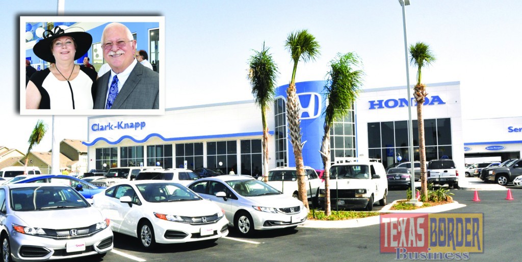 Picture on the upper left: Kirk and Gerry Clark Background photo: Brand new building for the Clark Knapp Honda dealership 