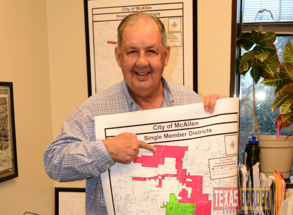 As announced by Texas Border Business, former mayor McAllen Mayor Richard Cortez officially files for McAllen City Commission District 1. He was surrounded by Martha Hinojosa and Elva Cerda. Mayor Cortez is pointing at the single member district map, specifically to the red area that where District 1 is and where he lives.