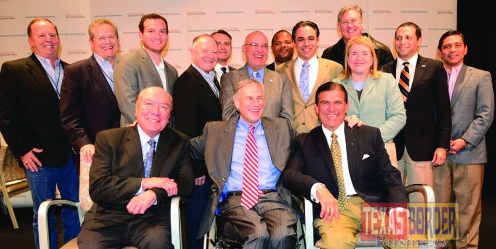 Left to Right: Front row seated: newly elected Governor of Texas Greg Abbott flanked by State Senator Juan “Chuy” Hinojosa on the left and Senator Eddie Lucio, Jr. on the right. Middle row standing Left to Right: Rep. Wayne Faircloth, Rep. Rick Miller, Rep. Oscar Longoria, Rep. Dan Flynn, Rep. Bobby Guerra, Rep. Terry Canales, Senator Sylvia Garcia, Rep. Poncho Nevárez, RGVP Julian Alvarez.  And back row standing: Rep. John Wray, Rep. Eric Johnson, and Rep. Travis Clardy.
