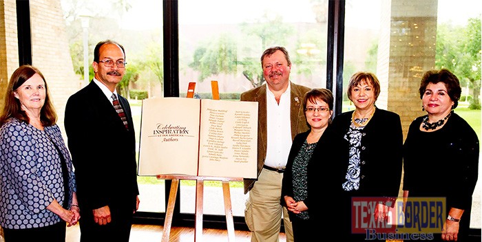 Pictured at the event are left to right Dr. Cynthia Brown, UTPA provost and vice president for Academic Affairs ad interim and grant recipient;  Dr. Havidán Rodríguez, UTPA president ad interim; Dr. Russell Skowronek, UTPA professor of anthropology, book author and grant recipient; Dr. Kristin Croyle, UTPA vice provost for Undergraduate Education and grant recipient; Dr. Hilda Medrano, UTPA professor of education-curriculum and instruction and grant recipient; and Dr. Farzaneh Razzaghi, UTPA Library dean. 