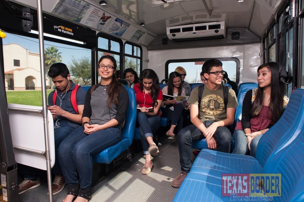 South Texas College students ride the JagExpress to the Mid-Valley Campus in Weslaco.