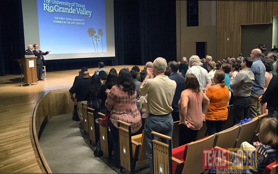 Dr. Havidan Rodriguez receives a standing ovation in appreciation for his past service with UTPA.  David Pike / UTRGV
