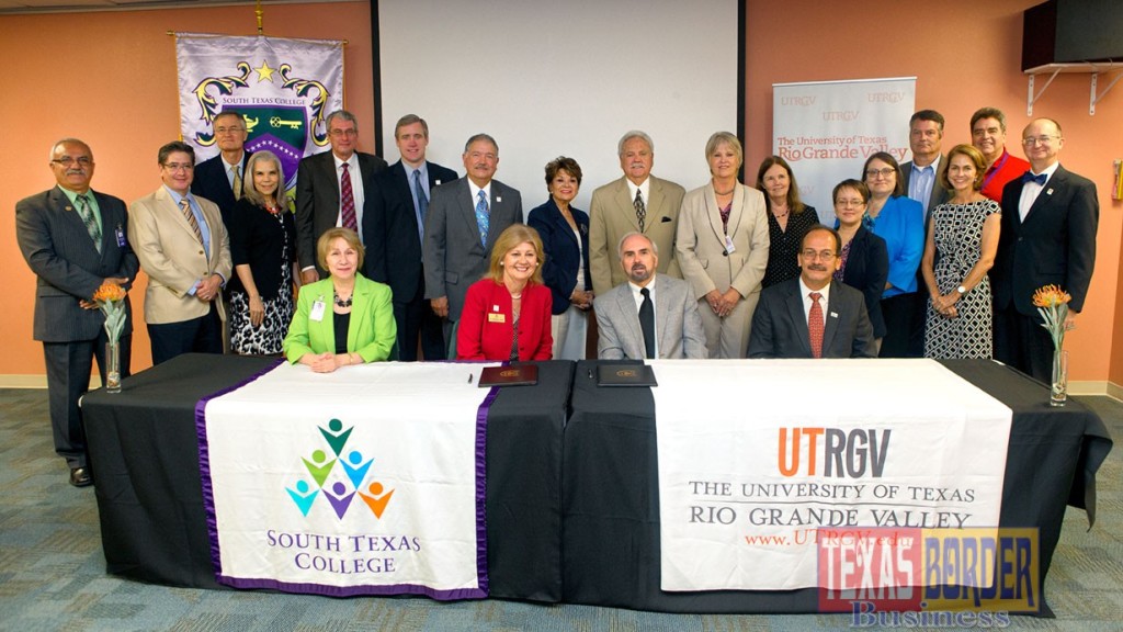 The University of Texas Rio Grande Valley and South Texas College signed the first Memorandum of Understanding between the two campuses on Monday, Aug. 10. The MOU signifies the commitment to student success by both public institutions. Pictured front and center are STC President Shirley Reed and UTRGV President Guy Bailey, joined by other UTRGV and STC administrators and staff.