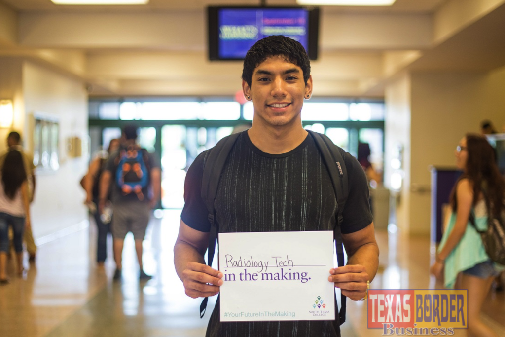 A Pecan Campus student displays his future career goal as a radiology technician in the making during the first week of the fall 2015 semester at South Texas College