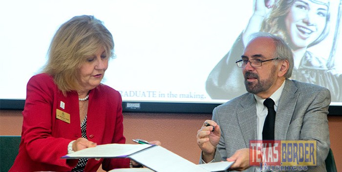 STC President Shirley Reed and UTRGV President Guy Bailey on Monday, Aug. 10, signed the first Memorandum of Understanding between the two institutions, which facilitates the seamless transfer of courses, credits and curricula. They also pledged their commitment to assuring the success of students in the Rio Grande Valley. UTRGV is set to open Aug. 31 with an expected student enrollment of 28,000.