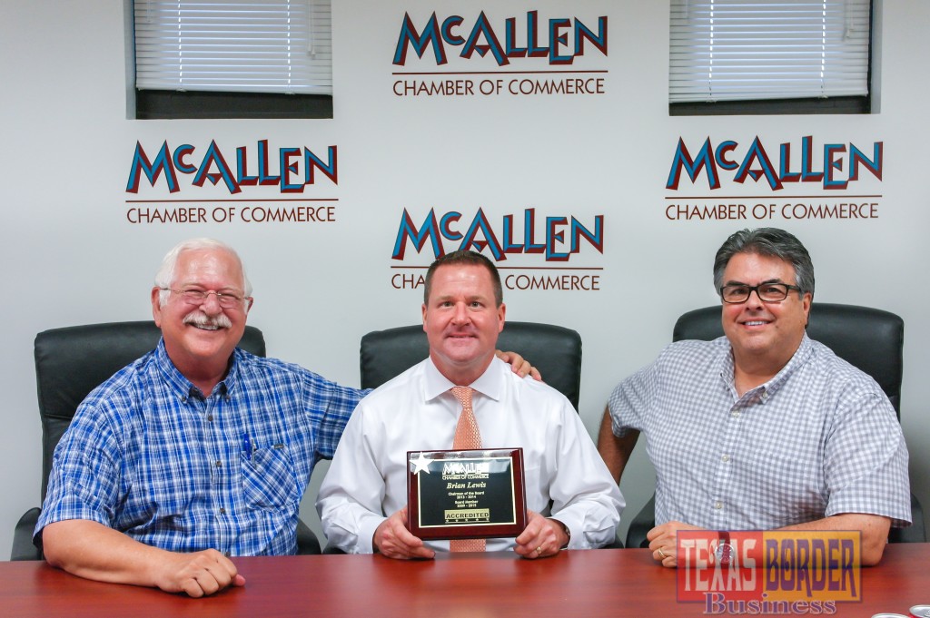 From left, presenting the award to Brian Lewis are McAllen Chamber Chairman of the Board Kirk Clark, Lewis, and Brian Godinez, McAllen Chamber Treasurer.