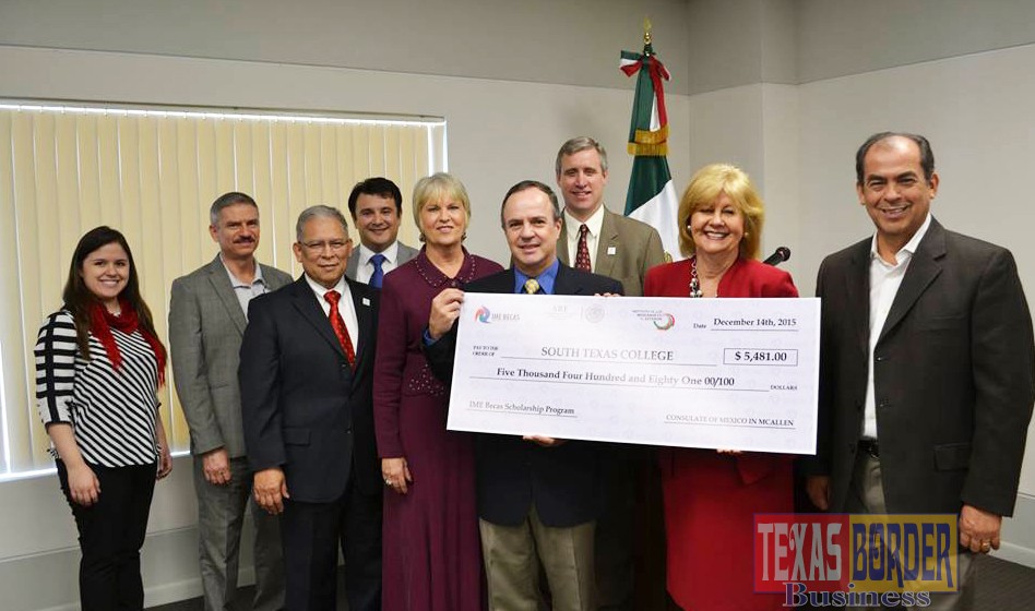 Mexican Consul José Guillermo Ordorica Robles and STC President Dr. Shirley A. Reed hold the $5,481 IME-Becas Scholarship Program check along with STC leadership at the Mexican Consulate's office in McAllen.