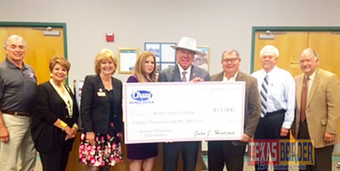 South Texas College received Senator Juan "CHUY" Hinojosa a $15,000 check to establish the Senator Juan "Chuy" Hinojosa Endowed Scholarship from funds he raised in lieu of holding a "Governor for a Day" ceremony. 