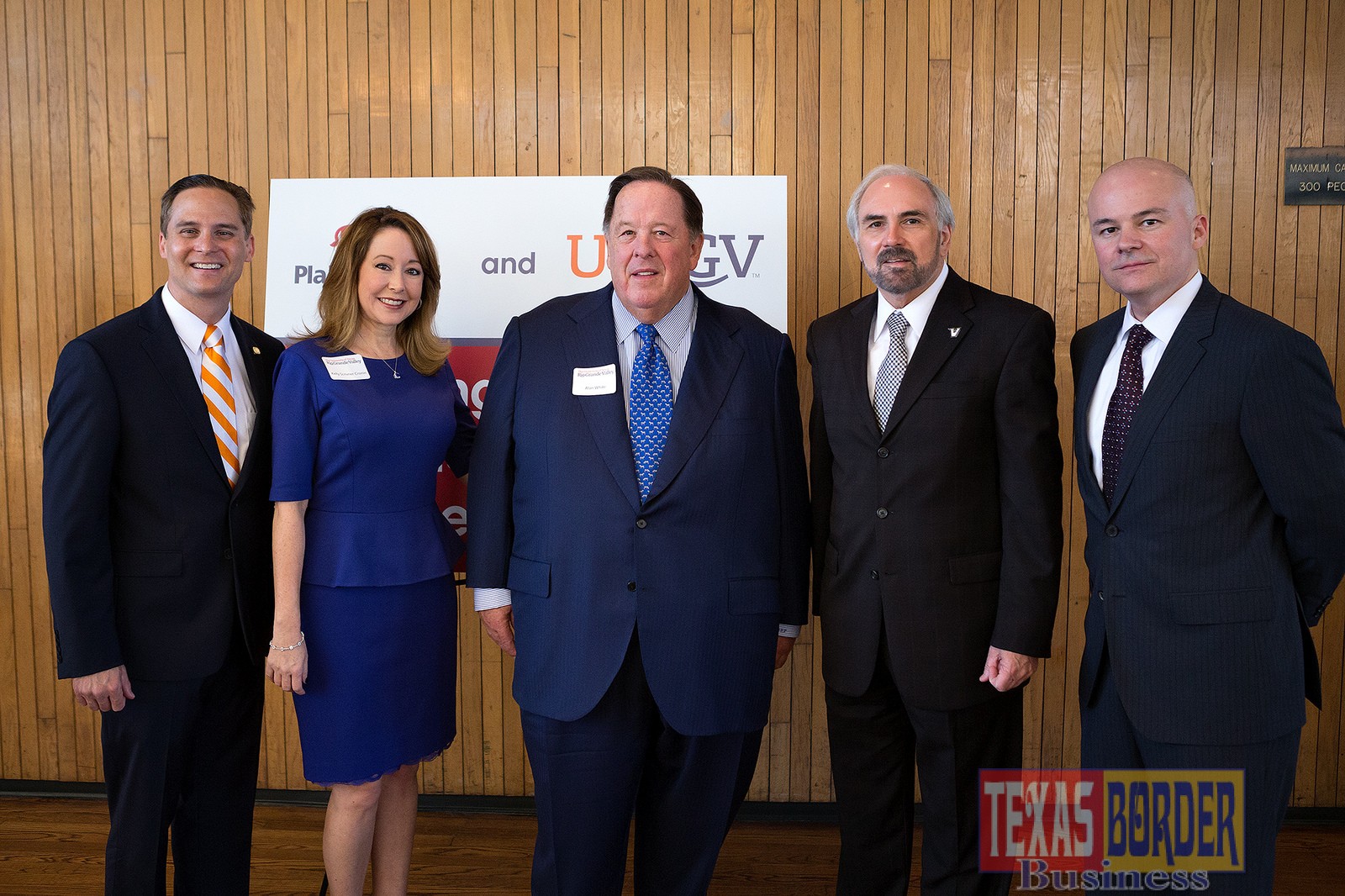 UTRGV on Thursday announced a $1 million gift from PlainsCapital Bank for scholarships. University and community leaders, along with a large contingent of PlainsCapital representatives, gathered at the newly named Plains Capital Bank Theater in the Student Union for the announcement. Shown from left are PlainsCapital Bank Market President Michael Williamson; UTRGV Vice President for Advancement Dr. Kelly Cronin; PlainsCapital Bank Chairman Alan White; UTRGV President Guy Bailey; and PlainsCapital Bank Brownsville Market President Raul Villanueva. (UTRGV photo by Paul Chouy)