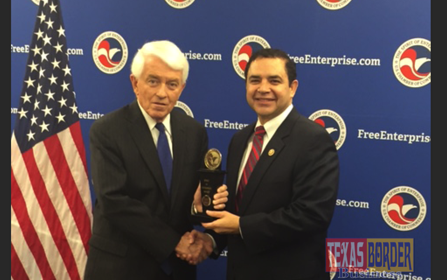 Congressman Cuellar receives his 10th Chamber of Commerce Spirit of Enterprise Award since starting in Congress. Giving him the award is Tom Donohue, president and CEO of the U.S. Chamber of Commerce.