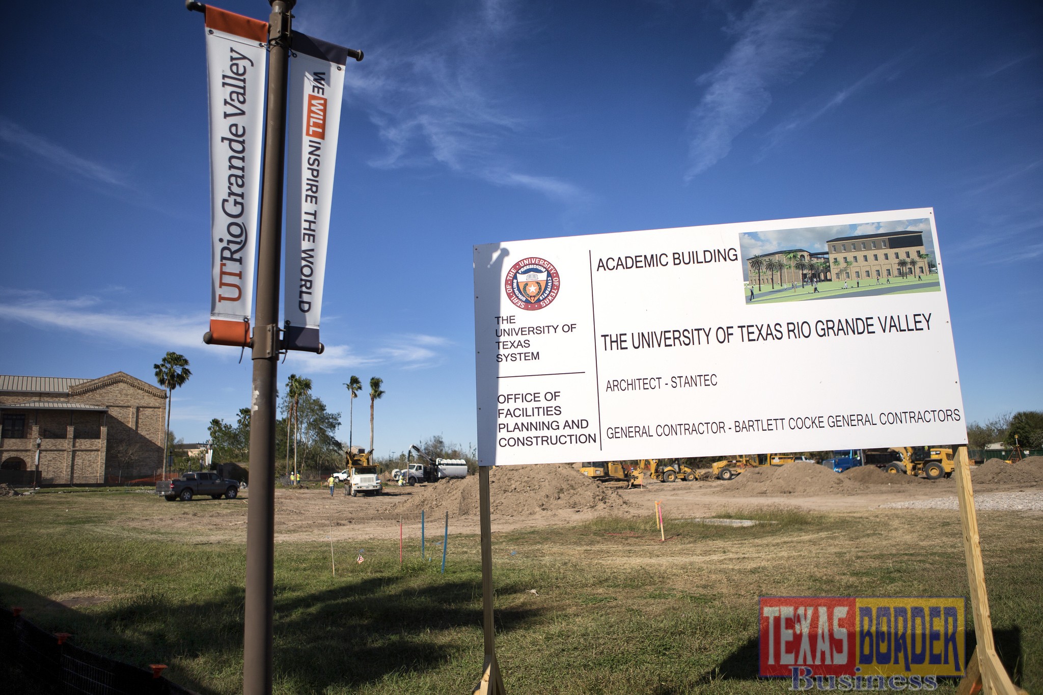 On the UTRGV Brownsville Campus, site preparation is underway on the 102,551-square-foot Academic Building, which will provide space for general academics, music instruction and recitals, science teaching labs, and study space. The university is celebrating the new construction with an event called “Can You Dig It,” noon to 1:30 p.m. Tuesday, March 22, next to Main on the circular drive. (UTRGV Photo by David Pike)
