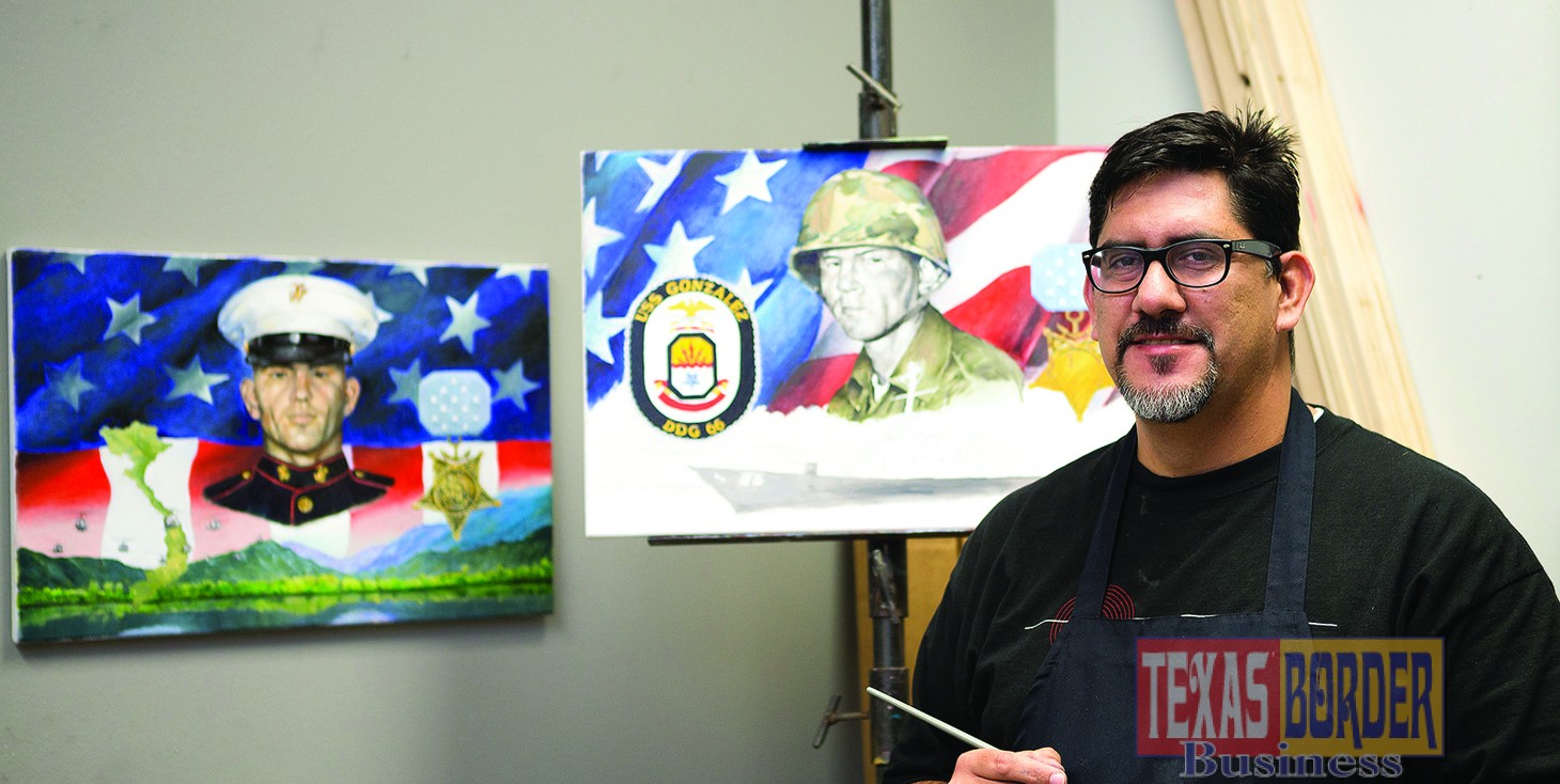 UTRGV graduate student Ramiro Peña proudly displays two paintings of Edinburg hometown war hero Alfredo “Freddy” Gonzalez that will be converted into two large-scale murals at the Edinburg H-E-B on West Freddy Gonzalez Drive. The 8-foot by 12-1/2-foot murals will be completed by May 2016. (UTRGV Photo by Paul Chouy)