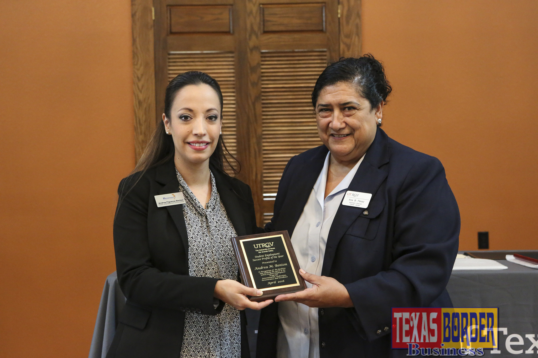 UTRGV student Kathy Alison Gómez was named Student Employee of The Year for the Brownsville Campus, during an appreciation luncheon on Friday, April 15, 2016. She is shown here with Ana Perez, assistant director for Student Employment at UTRGV. (UTRGV Photo by Veronica Gaona)
