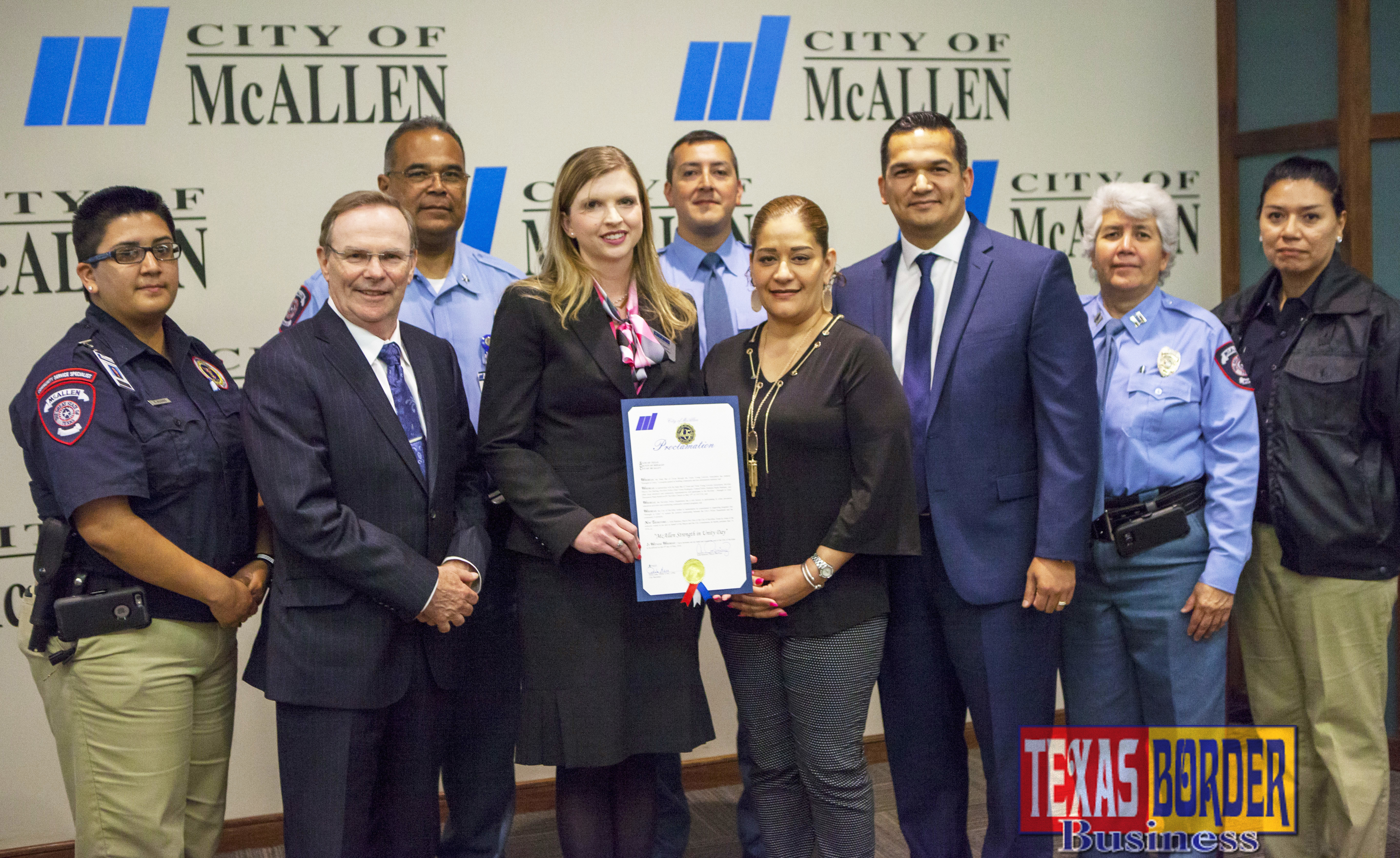 Police Chief Victor Rodriguez, City of McAllen; and Sergeant Gaston Balli; City of McAllen Police. McAllen Community Service Specialist Carla Alonso; Mayor Jim Darling, City of McAllen; TYLA ATJ Liaison Jenny Smith; Commissioner and Mayor Pro-Tem Aida Ramirez, City of McAllen; Assistant City Attorney Victor Flores, City of McAllen; Captain Irene Luna, City of McAllen Police; and McAllen Community Service Specialist Maria Gonzalez.