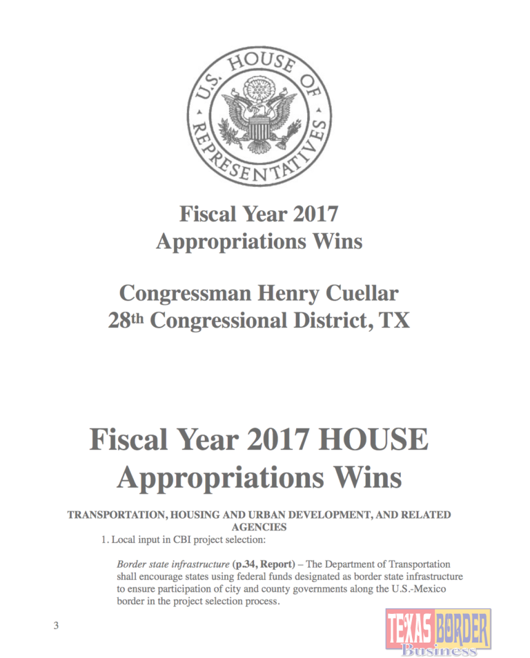 Congressman Cuellar Includes Language in Transportation Appropriations Bill to Give Border Communities a Greater Say in Transportation Priorities