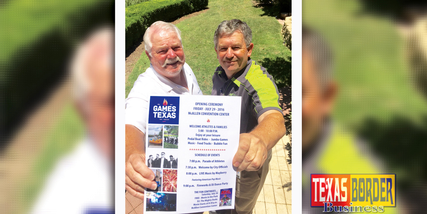Joe Brown and Rick Krauss holding a flyer promoting Games of Texas. Picture was taken on grounds of the McAllen Country Club after both made a presentation to Rotary Club McAllen South. Photo by Roberto Hugo Gonzalez