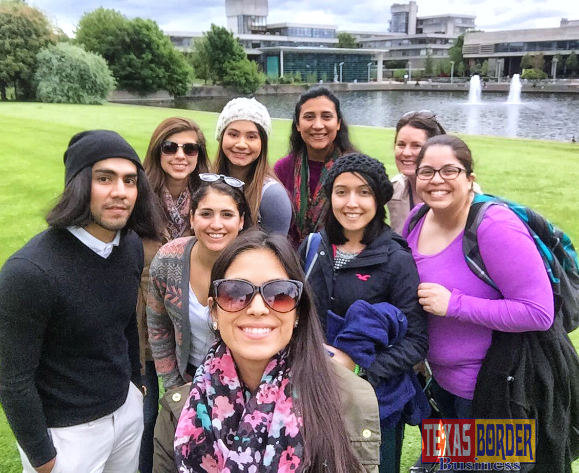 UTRGV students on the speech pathology study abroad trip this summer included (front) Ivon Ramirez; (second row, from left) Enrique Gonzalez, Analisa Lopez, Annette Cano, Patricia Mejorado; (back, from left) Nicole Rivas, Jacqueline Garcia, Dr. Ruth Crutchfield and Lisa Kehoe, University College Dublin representative. They are gathered here on the UCD campus. (UTRGV Courtesy Photo)