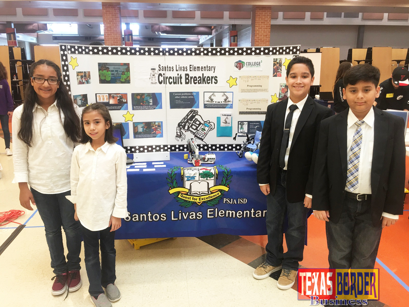 The Santos Livas Elementary Robotics team in Pharr-San Juan-Alamo ISD (PSJA) was the only elementary team to recently qualify and compete at the Texas Computer Education Association (TCEA) State Robotics Contest in Hutto, Texas. The team members included:  Mark Delos Santos, Selena Trevino, Mariana Camacho and Eathan Cruz along with their sponsor, Rene Treviño.