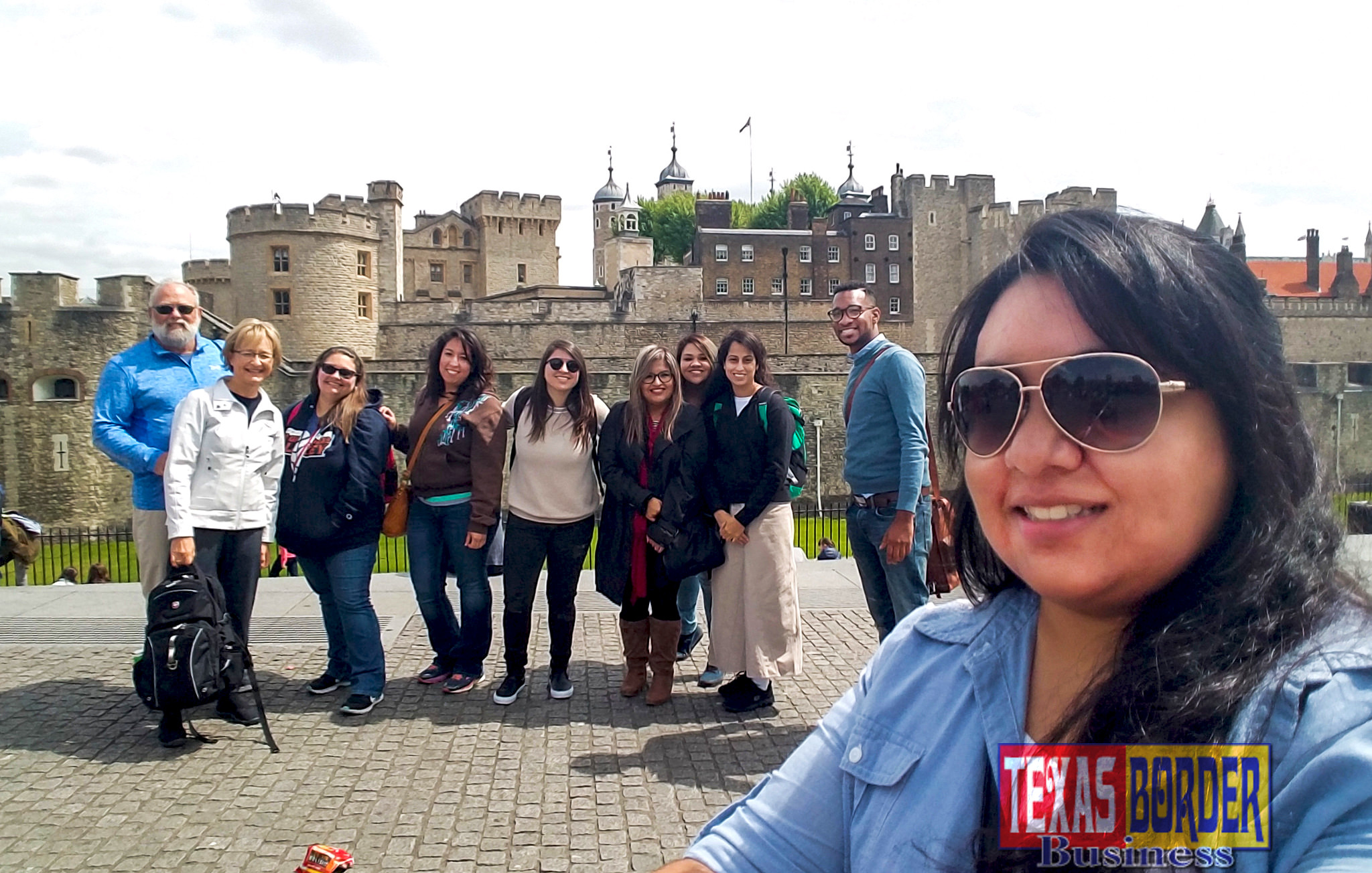 With the Tower of London in the background, the study abroad group included, left to right, Dr. Bruce Reed, Dr. Joan Reed, Amber Chavez, Lenice Villanueva, Tiffany Cantu, Claudia Estrada, Sophia Garza, Orlinda Cabrera, John Chance Williams; and front right, Maria Martinez. (UTRGV Courtesy Photo)
