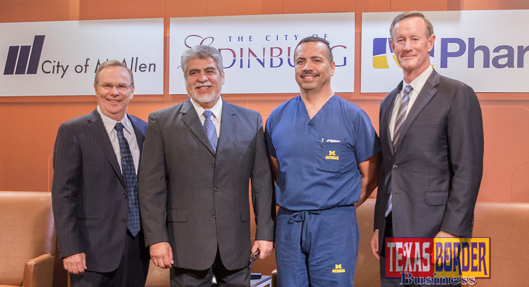 Featured, from left: McAllen Mayor Jim Darling; Edinburg Mayor Richard García; Pharr Mayor Ambrosio Hernández, M.D.; and University of Texas System Chancellor William H. McRaven on Thursday, August 11, 2016 at the Edinburg Conference Center at Renaissance. The leaders participated in a panel discussion about the UT Rio Grande Valley School of Medicine, which has a major component in Edinburg. The Edinburg Mayor, Edinburg City Council, and Edinburg Economic Development Corporation played key roles in 2013 in securing a full-fledged medical school from the Texas Legislature for deep South Texas. In July 2016, the first class of medical students began their education at the $54 million Medical Education Building, which is located on the UTRGV campus in Edinburg. Photograph By DAVID PIKE