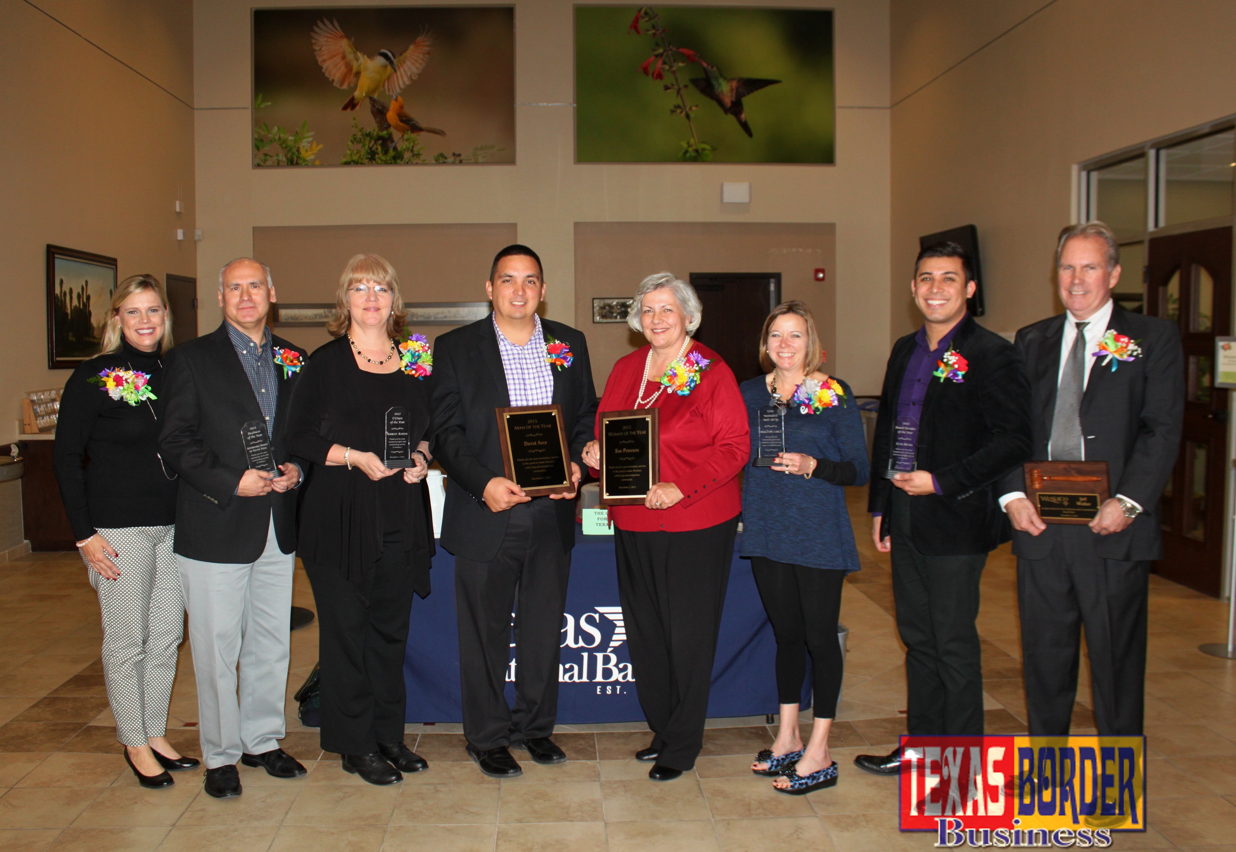 2015 Honorees at the Weslaco Chamber Annual Luncheon. L-R: Melissa Neuhaus, Board Chair 2015-2016; Bobby Calvillo, representing Business of the Year Affordable Homes of South Texas; Rise Morris, Citizen of the Year, (posthumously awarded to Shirley Atkins); Man of the Year David Arce; Woman of the Year Sue Peterson; Volunteer of the Year Carla McCaleb; Board Member of the Year Luis Reyes and Jeff Walker, Board Chair 2014-2015.