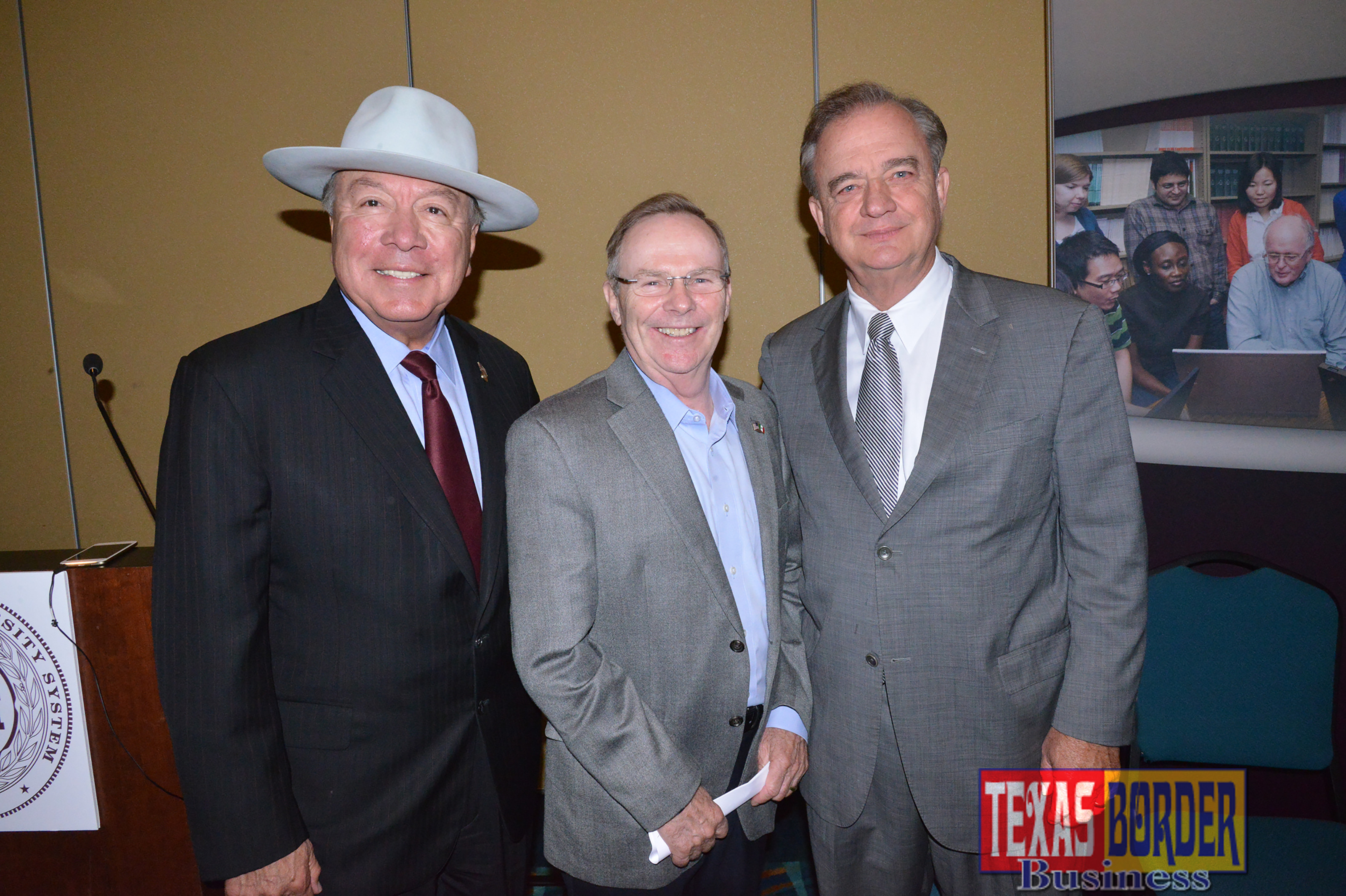 Pictured from L-R: Senator Juan "Chuy" Hinojosa; McAllen Mayor Jim Darling and Chancellor John Sharp, Texas A&A University. Photo Roberto Hugo Gonzalez