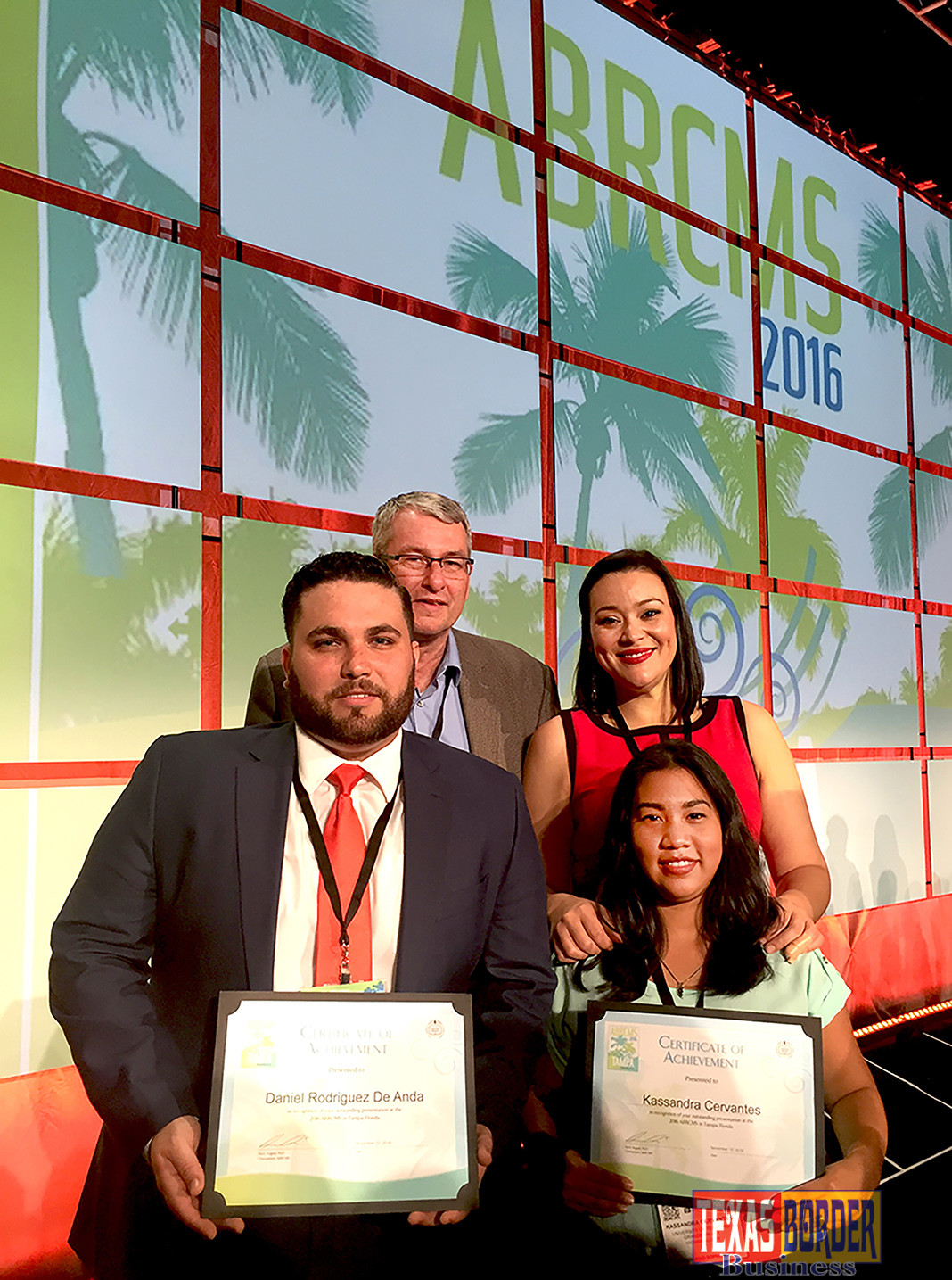 Three UTRGV students took home awards and a total of $750 in cash prizes from the recent Biomedical Research Conference for Minority Students, in Tampa, Florida. It is the largest undergraduate biomedical research conference in the country. Pictured clockwise from upper left are: Dr. Michael Lehker, dean of the UTRGV College of Health Affairs; Bianca Farrell, senior program coordinator for RISE; and UTRGV students Kassandra Cervantes and Daniel Rodriguez De Anda. (Not in the photo is the third winning student, Irving Salinas.) (Courtesy Photo)