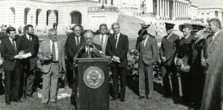 U.S. Congressman Eligio de la Garza, at the podium, died recently at the age of 89, leaving a legacy of public service and meaningful legislation, including support for higher education initiatives that lives on today at UTRGV. In 2012, he donated the voluminous collection of his documents to then UT Pan American, a collection housed today at UTRGV. And in 2000, a scholarship fund was established to create the E. “Kika” de la Garza Endowed Scholarship, for students interested in pursuing government or public service. (Courtesy of UTRGV Special Collections)