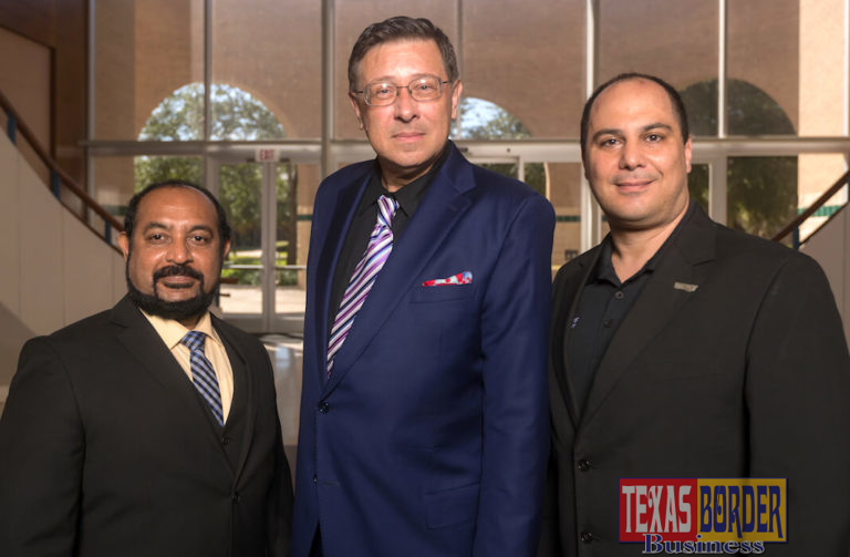 The UTRGV College of Engineering and Computer Science has received a grant from the Greater Brownsville Inceptives Corporation to lead the Manufacturing Innovations Hub (MIH) in Brownsville. Leading the project are, from left, Dr. Immanuel Edinbarough, interim associate dean for External Affairs and Innovation; Dr. Alexander Domijan, dean of the College of Engineering and Computer Science; and Dr. Constantine Tarawneh, director of the University of Transportation Center for Railway Safety and associate dean for Research. (UTRGV Photo by David Pike)