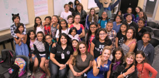 Empowering Girls Forum participants pose with panelist (left to right seating) Venessa Soto, Edna De Saro, Linda Tovar and Judge Rose Guerra Reyna.