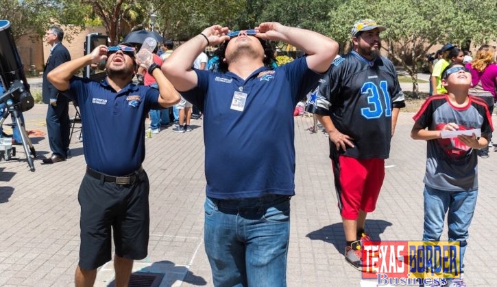 Members of The University of Texas Rio Grande Valley community gathered on the Edinburg Campus on Monday, Aug. 21, 2017, along with families with small children, Boy Scouts, soccer players and others, to watch the historic total solar eclipse. The total eclipse is when the New Moon passes between the Earth and the Sun and casts its shadow on Earth, appearing to block out the sun. In Edinburg, only about 50 percent of the sun was blocked out at its peak hour, with totality experienced in other parts of the country. (UTRGV Photo by David Pike)