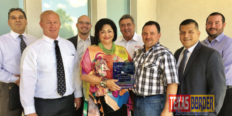 Shown with the Medium Chamber of the Year Award are left to right in the front row: Brent Smith, Chair; Cynthia M. Sakulenzki, Pres/CEO; John Gonzalez, Treasurer and Nathan Obregon, chair-elect.  Back row left to right are:  Ernesto Obregon, vice chair of finance, Alex Martinez, vice chair of government affairs; Ronnie Bernal, past-chair and Michael Sandoval, vice chair of Education.