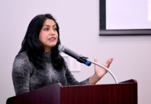 Dr. Teresa Feria Arroyo, UTRGV associate professor of biology, discusses the results of monitoring program of Zika-carrying mosquitoes she and her students conducted earlier this year during a binational conference held Wednesday at the university’s Education Complex Borderlands Room in Edinburg. The binational meeting on the surveillance and control of vector-borne diseases included officials from UTRGV, the Centers for Disease Control and Prevention (CDC), and The National Center of Preventive Programs and Diseases Control (CENAPRECE). (UTRGV Photo by Paul Chouy)